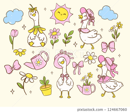 Cute Silly Goose Cartoon Cottagecore Spring Hand Drawn Playful Coquette Character 124667060