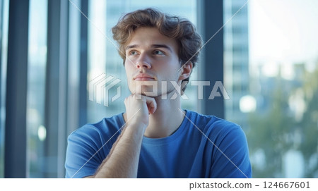 thoughtful young man looking out window thoughtful young man looking out window 124667601