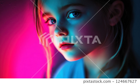girl portrait neon lights pink blue child 124667627