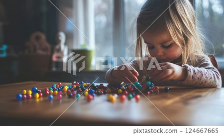 toddler girl playing with colorful beads toddler girl playing with colorful beads 124667665