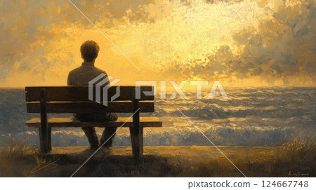 man sitting on bench at sunset over ocean 124667748