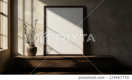 minimalist home decor mockup with blank frame and wooden console 124667750