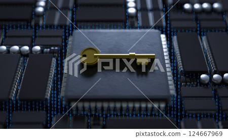 The Gold key on Mother Board for security technology concept 3d Rendering. 124667969