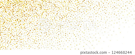 Gold falling confetti background. Golden dotted glitter pattern. Yellow and orange dot sparkles and particles wallpaper. Celebration Christmas, New Year or birthday party decoration backdrop. Vector 124668244