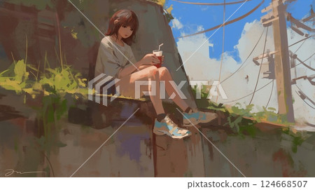 夏日午後，女孩在城市一角休息打瞌睡 124668507