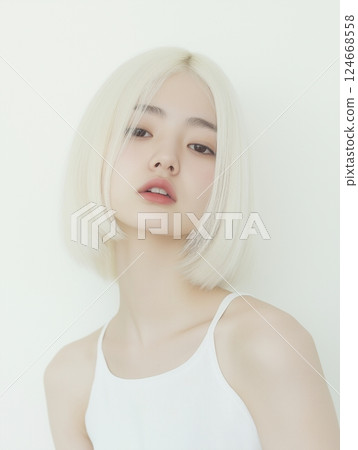 金髮碧眼的亞洲女性,短髮 金髮碧眼的亞洲女性,短髮 124668558