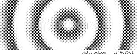 Halftone circle background. Radial comic target texture. Black and white dotted circular gradient. Fading rough dot epicenter wallpaper concept. Vector grungy concentric pop art gradation backdrop 124668561