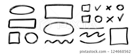 Black charcoal geometric frame and element set. Rectangle and circle paintbrush border collection. Rough sketched elements for highlight, underline, emphasis. Vector scribbled crayon form pack 124668562