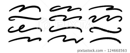 Wave paint line set. Squiggle sketch brush stroke collection. Rough charcoal curved flourish pack for highlight, underline, emphasis. Hand drawn crayon chalk strips. Black swoosh stripe bundle. Vector 124668563