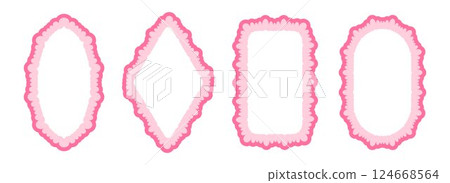 Cute frill pattern frame set. Pink scalloped ellipse and rectangle border collection. Wavy lace edge shape in rococo style for decoration, poster, banner. Girly coquette element pack. Vector Cute frill pattern frame set. Pink scalloped ellipse and rectangle border collection. Wavy lace edge shape in rococo style for decoration, poster, banner. Girly coquette element pack. Vector 124668564