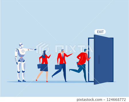 Jobless,Robots bring people unemployment,The staff walked towards the exit door. Employees leave the company. concept of human resource problems 124668772