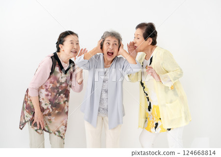 Senior woman, loud voice, hearing loss Senior woman, loud voice, hearing loss 124668814