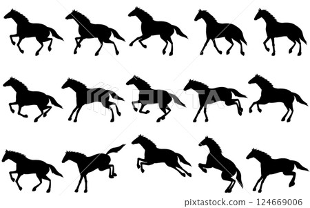 一組馬匹行走、奔跑和跳躍的剪影,也可用於動畫 一組馬匹行走、奔跑和跳躍的剪影,也可用於動畫 124669006