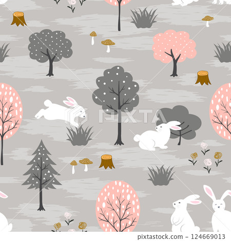 Seamless pattern with cute bunnies on spring forest for happy easter Seamless pattern with cute bunnies on spring forest for happy easter 124669013