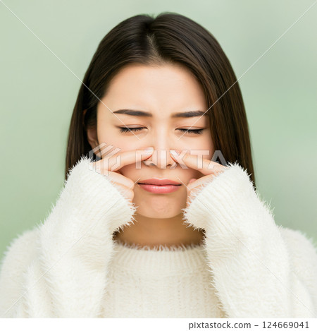 一名婦女用食指捏住鼻子 124669041