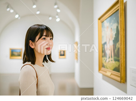 Young woman looking at paintings in an art museum 124669042