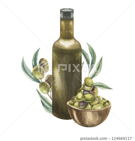 Olive oil green bottle,fruits bunch in wooden plate decorated with floral branch watercolor composition. Hand drawn vegan food clipart,italian salad ingredient for menu,label,logo design 124669117