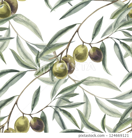 Oliva branches watercolor seamless pattern. Floral repeated background, floral summer romantic painting for wedding textile, invitation, concept design Oliva branches watercolor seamless pattern. Floral repeated background, floral summer romantic painting for wedding textile, invitation, concept design 124669121