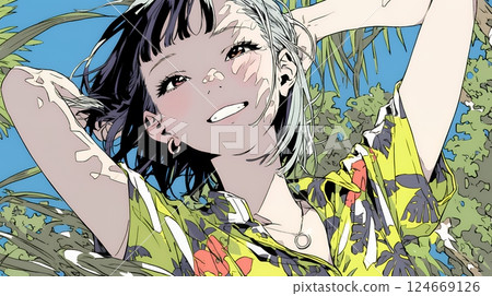 A young woman wearing Okinawan Kariyushi fashion and smiling 124669126