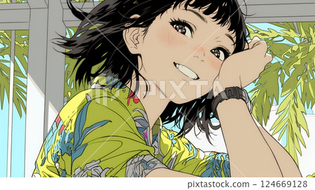 A young woman wearing Okinawan Kariyushi fashion and smiling 124669128