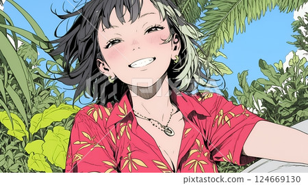 A young woman wearing Okinawan Kariyushi fashion and smiling A young woman wearing Okinawan Kariyushi fashion and smiling 124669130