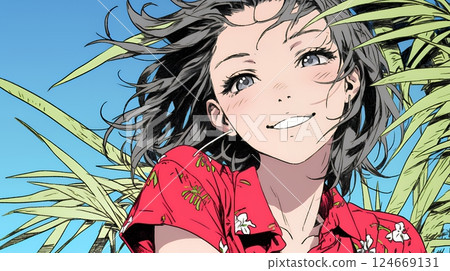 A young woman wearing Okinawan Kariyushi fashion and smiling A young woman wearing Okinawan Kariyushi fashion and smiling 124669131