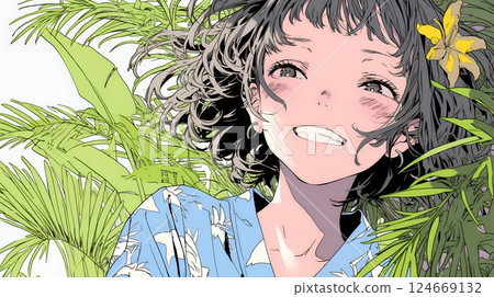 A young woman wearing Okinawan Kariyushi fashion and smiling A young woman wearing Okinawan Kariyushi fashion and smiling 124669132