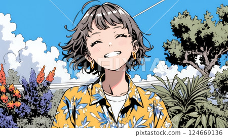 A young woman wearing Okinawan Kariyushi fashion and smiling 124669136