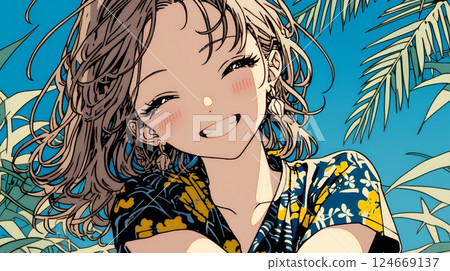 A young woman wearing Okinawan Kariyushi fashion and smiling 124669137