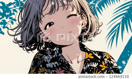 身著沖繩 Kariyushi 時裝、面帶微笑的年輕女子 124669138