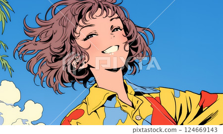 A young woman wearing Okinawan Kariyushi fashion and smiling 124669143