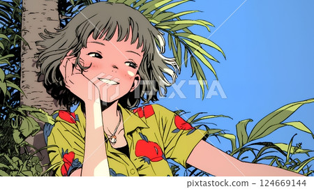 A young woman wearing Okinawan Kariyushi fashion and smiling A young woman wearing Okinawan Kariyushi fashion and smiling 124669144