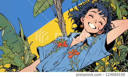 A young woman wearing Okinawan Kariyushi fashion and smiling 124669148