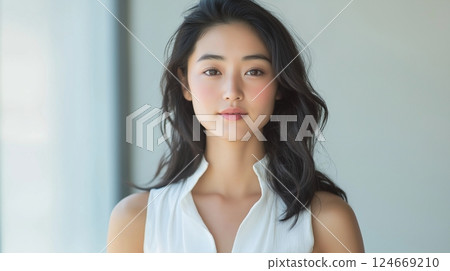 一位亞洲女性的肖像，有著自然捲曲的黑色中長髮 124669210