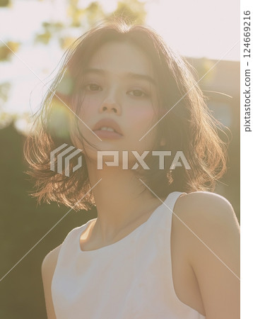 Portrait of an Asian woman with naturally curly black hair and bob hair 124669216