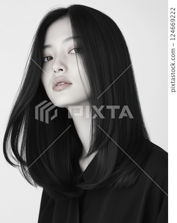 Portrait of an Asian woman with long black hair with a natural, moist and matte texture 124669222