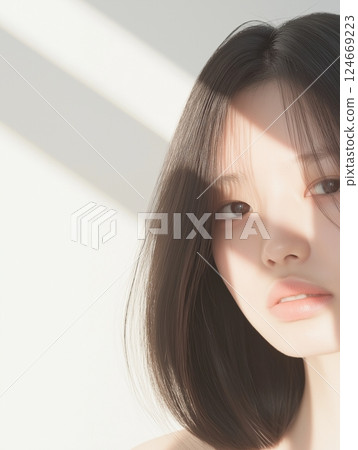 Portrait of an Asian woman with natural, shiny, delicately textured long black hair 124669223
