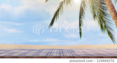 Tropical beach view with palm trees and wooden deck, 3D render illustration 124669278