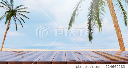 Tropical landscape with palm trees and sandy beach, 3D render illustration Tropical landscape with palm trees and sandy beach, 3D render illustration 124669283