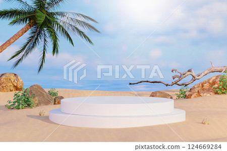 Serene beach display stand with tropical features, 3D render illustration. Serene beach display stand with tropical features, 3D render illustration. 124669284
