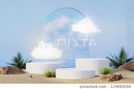 Minimalistic Summer Scene with Circular Platforms and Gentle Clouds, 3D render illustration Minimalistic Summer Scene with Circular Platforms and Gentle Clouds, 3D render illustration 124669298