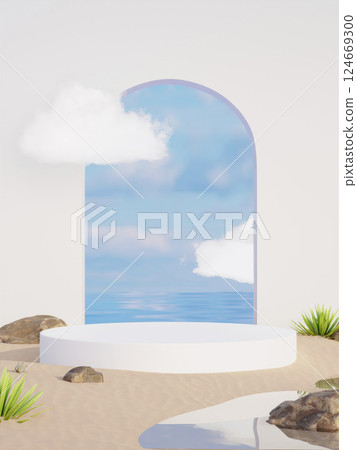 Modern Archway View of Calm Tropical Ocean, 3D render illustration Modern Archway View of Calm Tropical Ocean, 3D render illustration 124669300