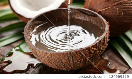 Close-up of a fresh opened coconut served on a wooden table with copy space for text. 124669329