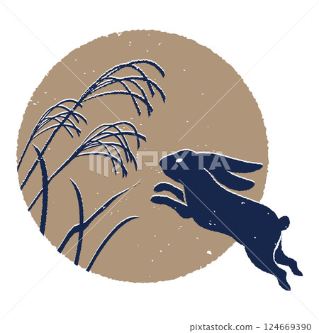 Full moon and a jumping rabbit, silhouette of silver grass 124669390