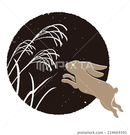 Full moon and a jumping rabbit, silhouette of silver grass Full moon and a jumping rabbit, silhouette of silver grass 124669391