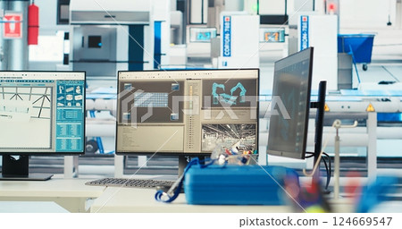 CAD program on PC screen in photovoltaics factory used for designing production lines for solar panel assembly facility. Simulation software on computer monitor in empty solar panels plant CAD program on PC screen in photovoltaics factory used for designing production lines for solar panel assembly facility. Simulation software on computer monitor in empty solar panels plant 124669547