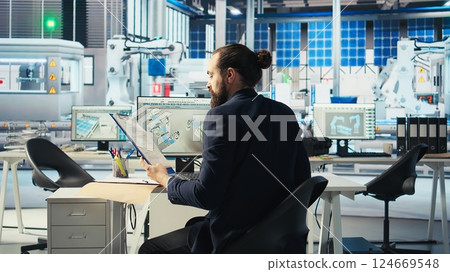 Engineer in photovoltaics factory looking over specifications on documents, diagnosing malfunctioning systems. Specialist reads solar plant machinery paperwork, reducing downtime, camera A Engineer in photovoltaics factory looking over specifications on documents, diagnosing malfunctioning systems. Specialist reads solar plant machinery paperwork, reducing downtime, camera A 124669548