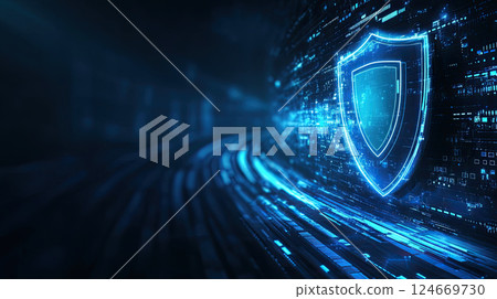 Digital shield glowing in futuristic cyber environment 124669730