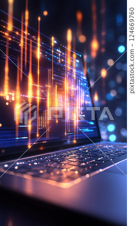 Futuristic laptop with glowing data graphics in dark room Futuristic laptop with glowing data graphics in dark room 124669760