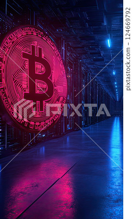 glowing Bitcoin symbol in futuristic server room glowing Bitcoin symbol in futuristic server room 124669792